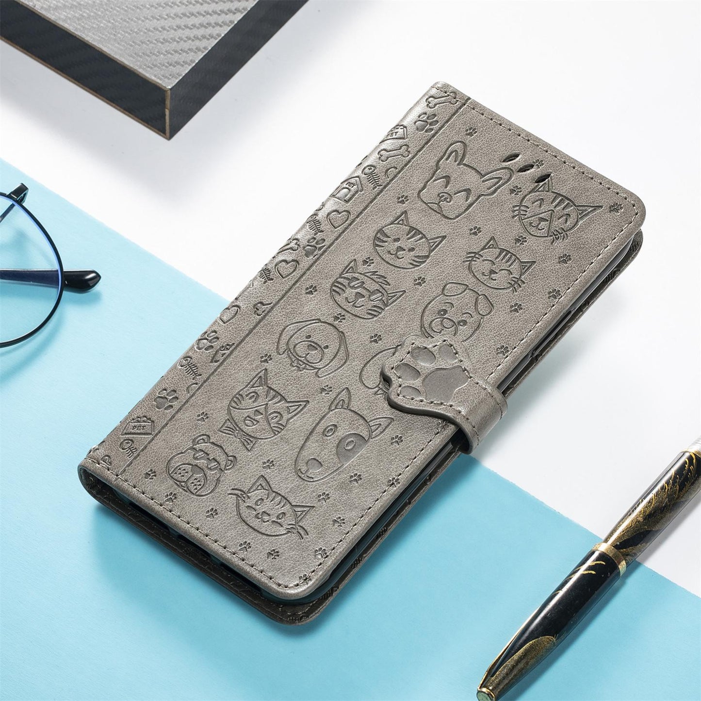 For Honor Play 80 Plus 5G Cat and Dog Embossed Leather Phone Case(Gray)