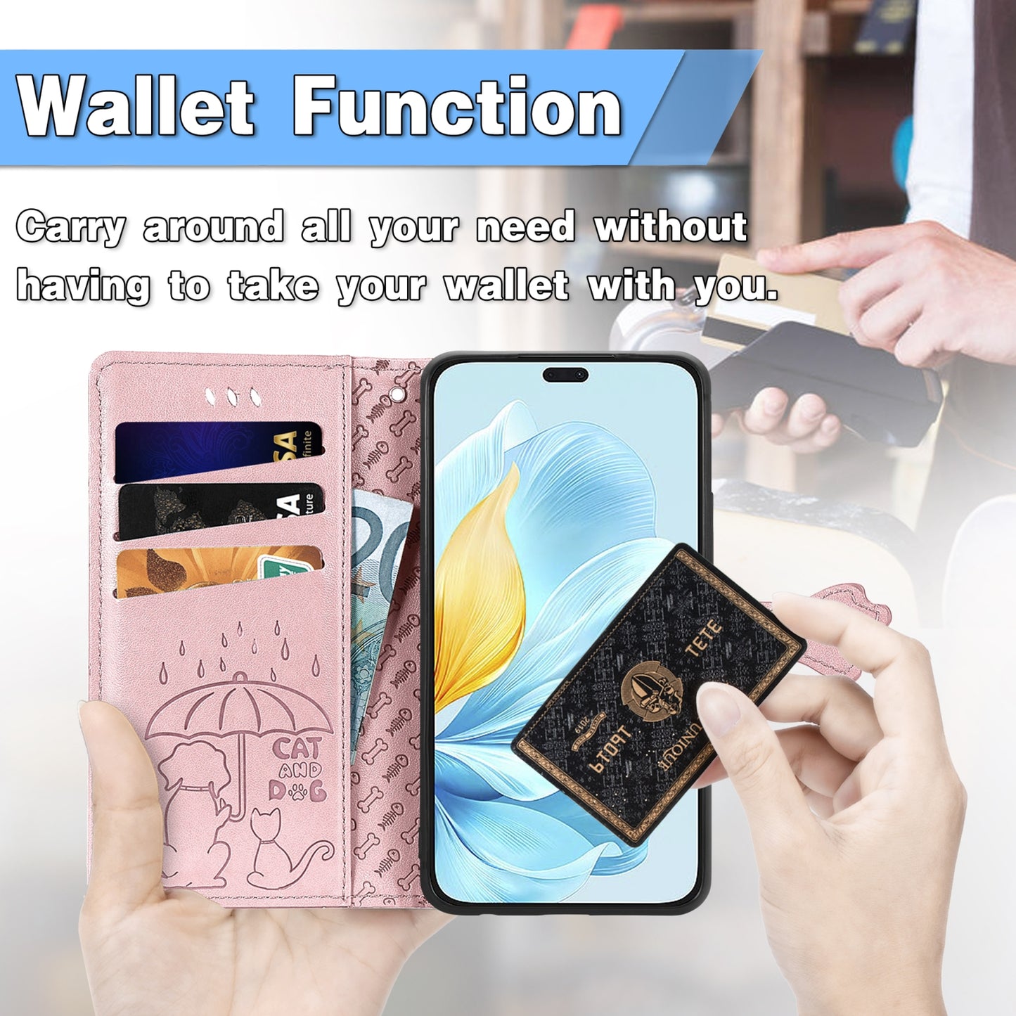 For Honor Play 80 Plus 5G Cat and Dog Embossed Leather Phone Case(Yellow)