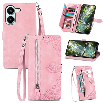 For Honor Play 80 Plus 5G Embossed Flower Zipper Leather Phone Case(Pink)