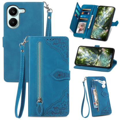 For Honor Play 80 Plus 5G Embossed Flower Zipper Leather Phone Case(Blue)