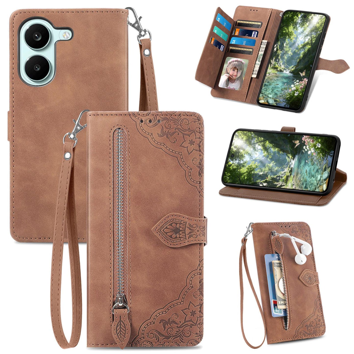 For Honor Play 80 Plus 5G Embossed Flower Zipper Leather Phone Case(Brown)