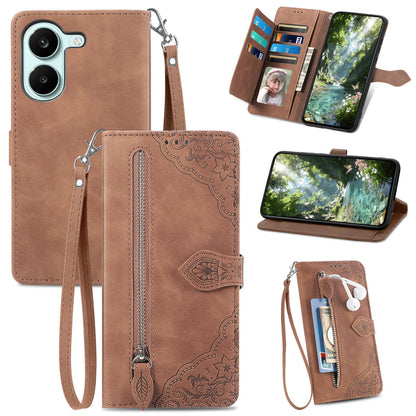 For Honor Play 80 Plus 5G Embossed Flower Zipper Leather Phone Case(Brown)