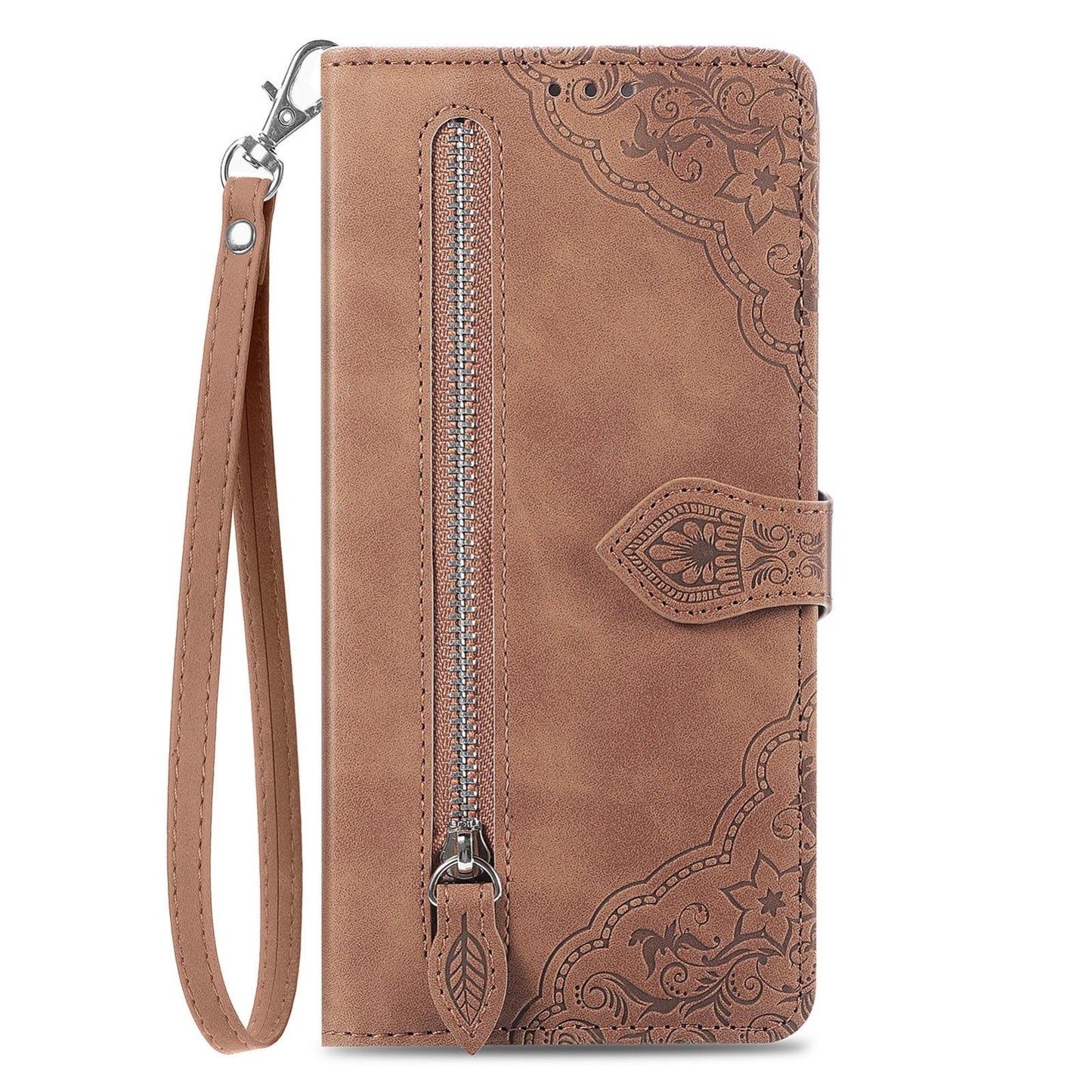For Honor Play 80 Plus 5G Embossed Flower Zipper Leather Phone Case(Brown)