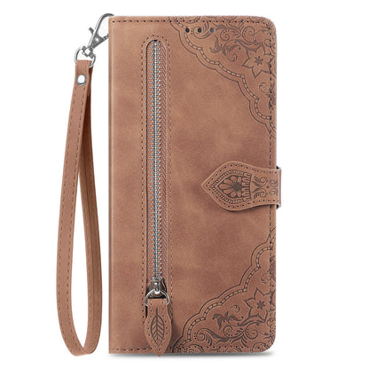 For Honor Play 80 Plus 5G Embossed Flower Zipper Leather Phone Case(Brown)