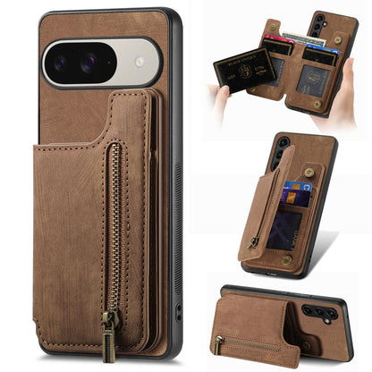 For Google Pixel 11 Retro Leather Zipper Wallet Back Phone Case - Brown - SYA002590715C