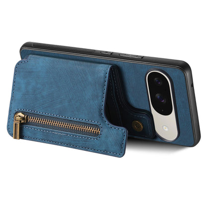 For Google Pixel 11 Retro Leather Zipper Wallet Back Phone Case - Blue - SYA002590715D