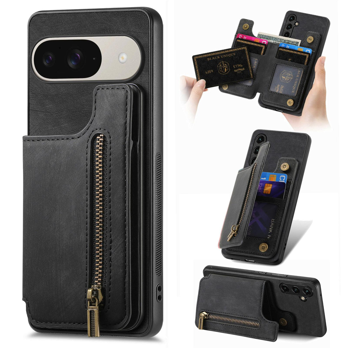 For Google Pixel 11 Retro Leather Zipper Wallet Back Phone Case - Black - SYA002590715E
