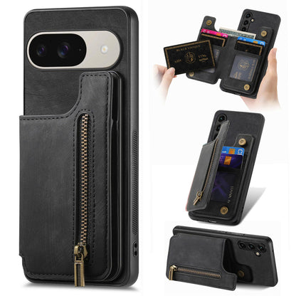 For Google Pixel 11 Retro Leather Zipper Wallet Back Phone Case - Black - SYA002590715E