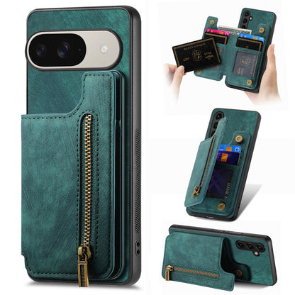 For Google Pixel 11 Retro Leather Zipper Wallet Back Phone Case - Green - SYA002590715F