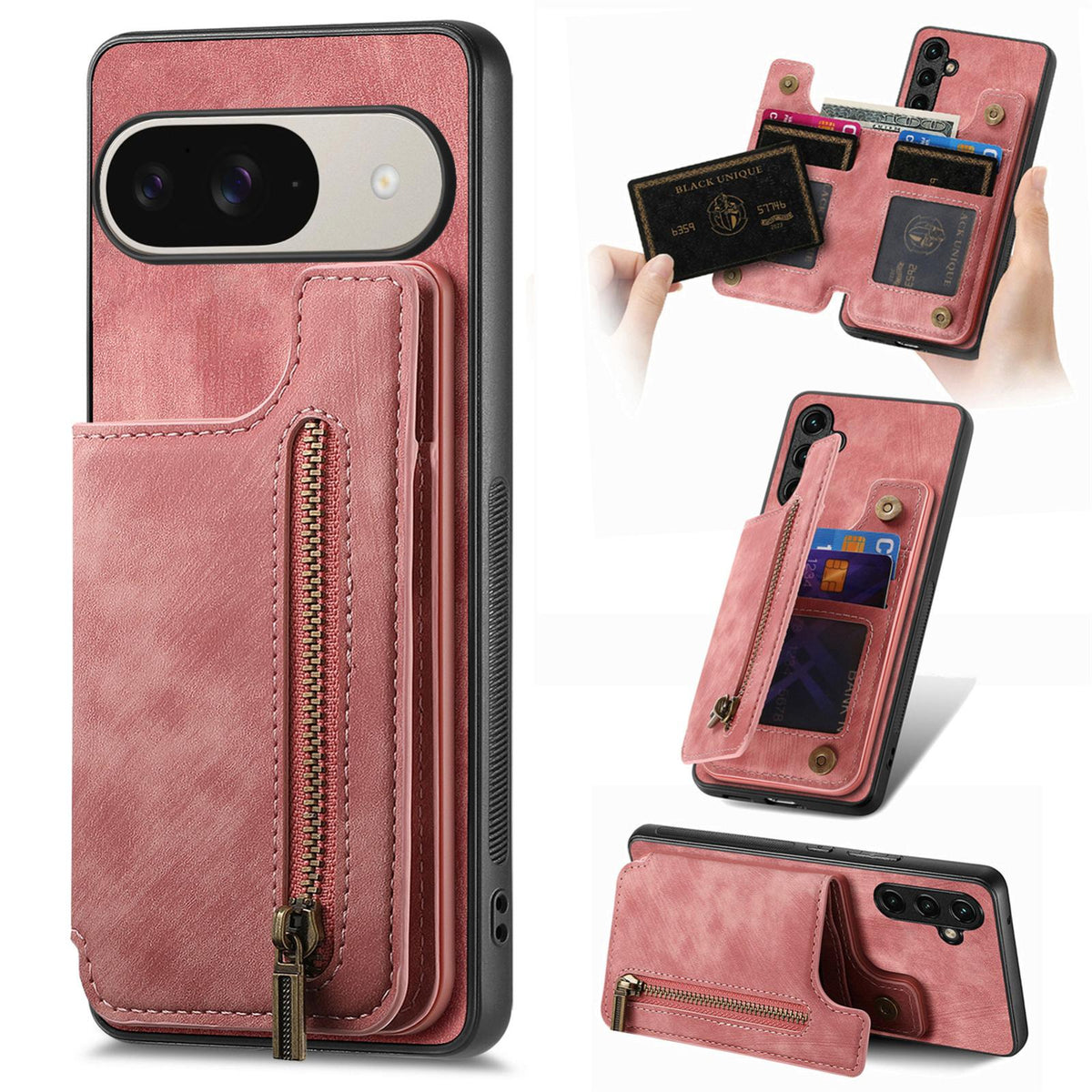 For Google Pixel 11 Pro Retro Leather Zipper Wallet Back Phone Case - Pink - SYA002590716A