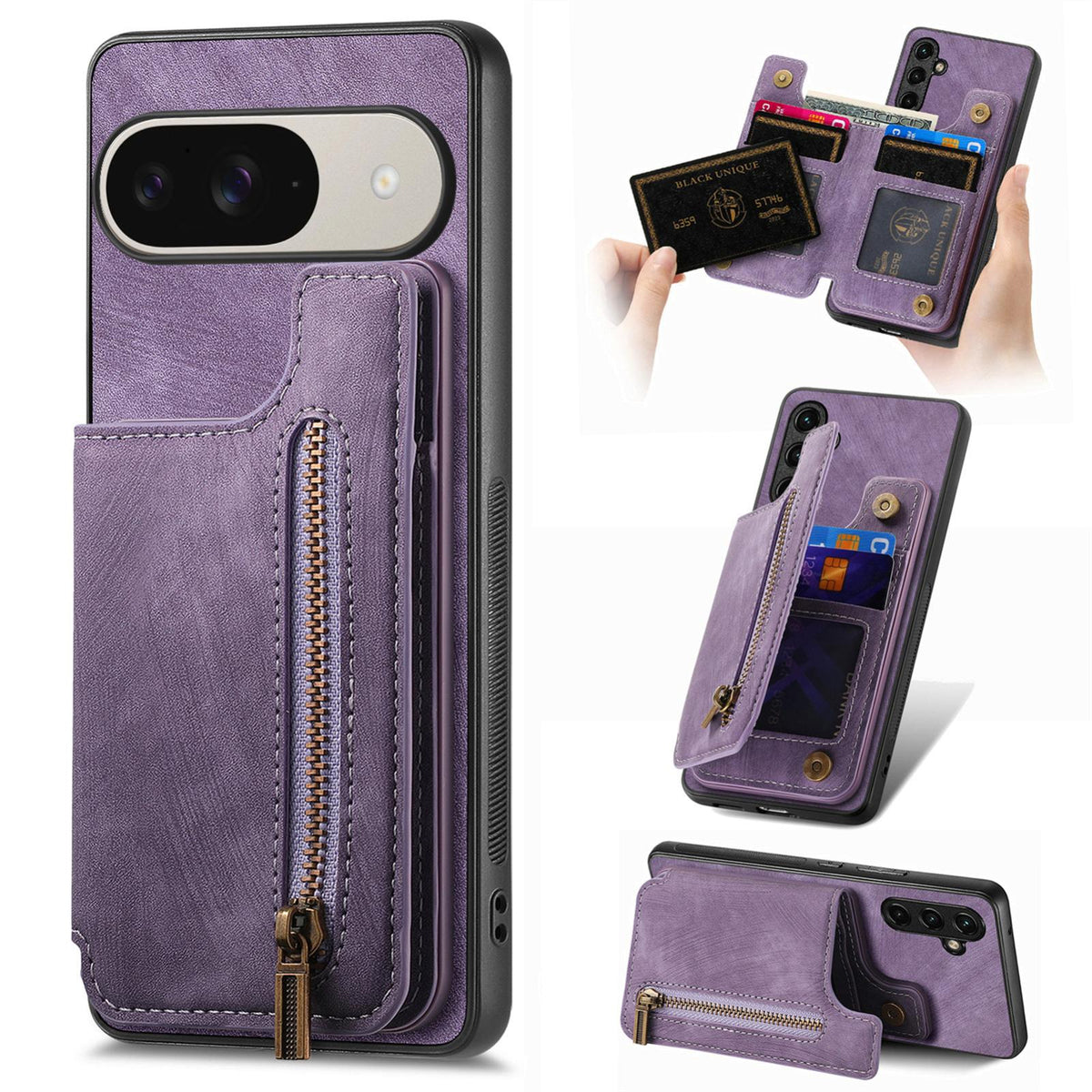 For Google Pixel 11 Pro Retro Leather Zipper Wallet Back Phone Case - Purple - SYA002590716B
