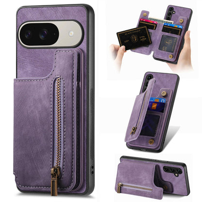For Google Pixel 11 Pro Retro Leather Zipper Wallet Back Phone Case - Purple - SYA002590716B