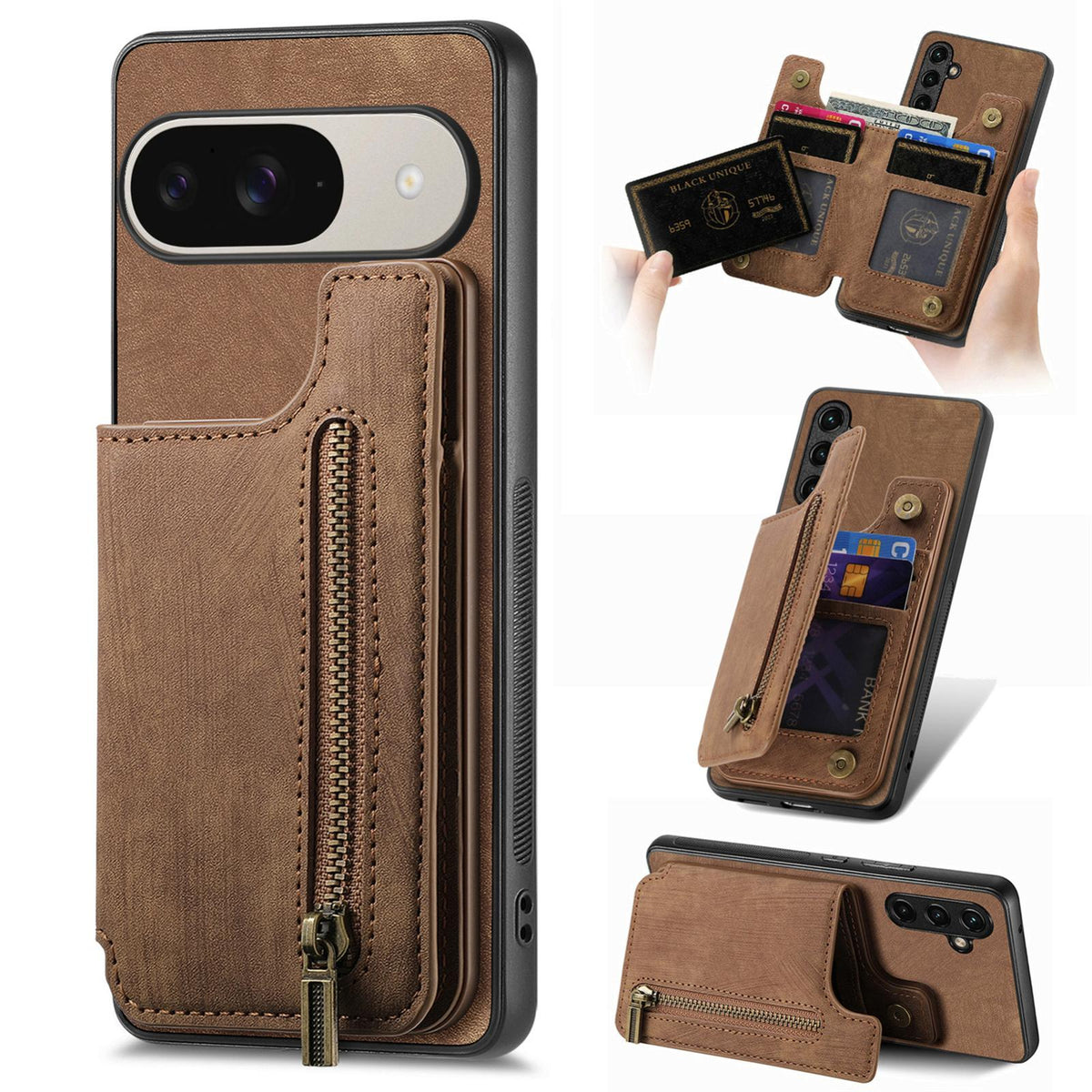 For Google Pixel 11 Pro Retro Leather Zipper Wallet Back Phone Case - Brown - SYA002590716C