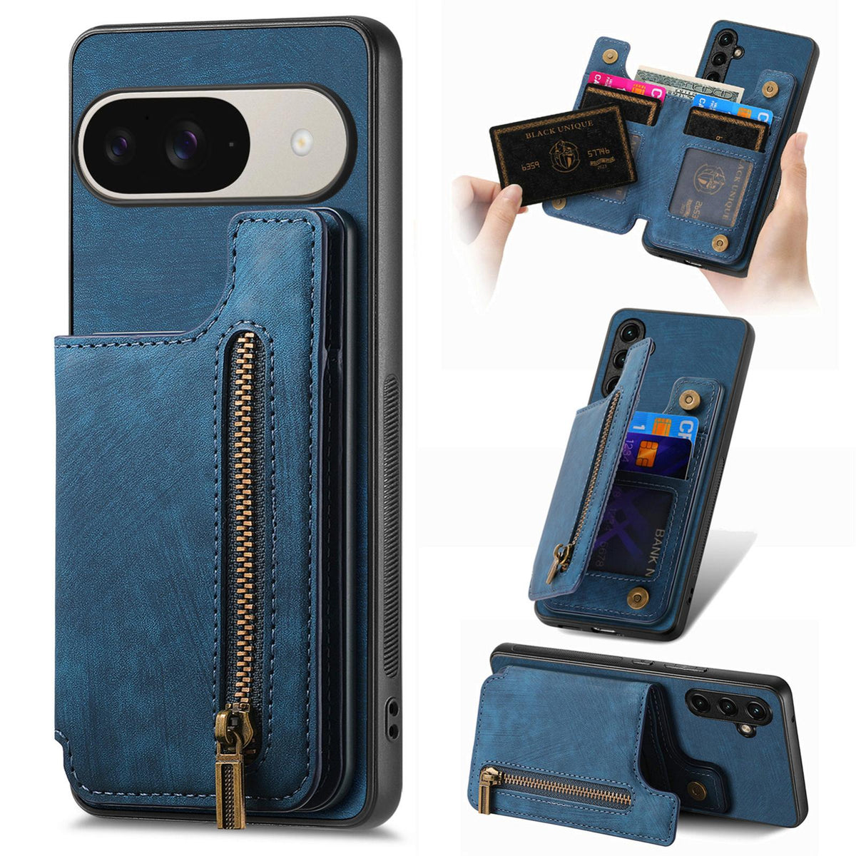 For Google Pixel 11 Pro Retro Leather Zipper Wallet Back Phone Case - Blue - SYA002590716D