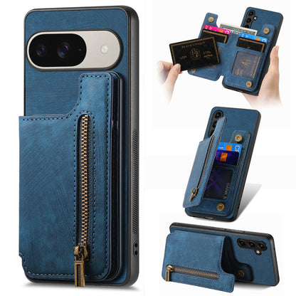 For Google Pixel 11 Pro Retro Leather Zipper Wallet Back Phone Case - Blue - SYA002590716D