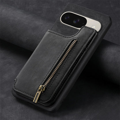 For Google Pixel 11 Pro Retro Leather Zipper Wallet Back Phone Case - Black - SYA002590716E