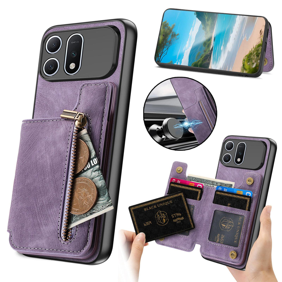 For Honor Win Turbo 5G Retro Leather Zipper Wallet Back Phone Case - Purple - SYA002591029B