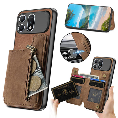 For Honor Win Turbo 5G Retro Leather Zipper Wallet Back Phone Case - Brown - SYA002591029C