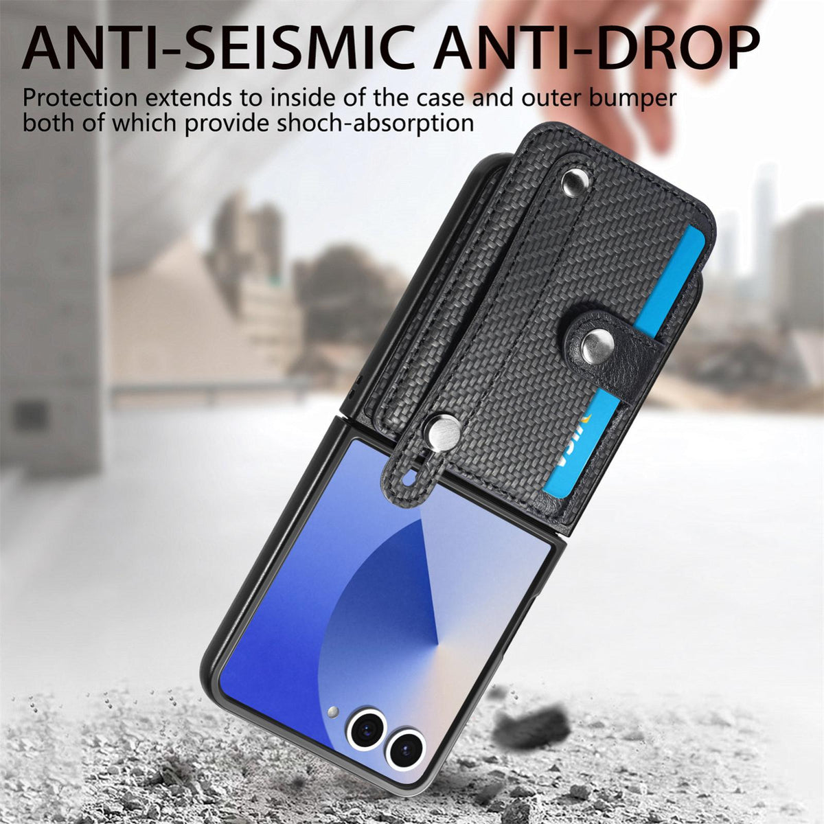 For Galaxy Z Flip8 5G Wristband Kickstand Card Wallet Back Cover Phone Case - Black - SYA002604104A