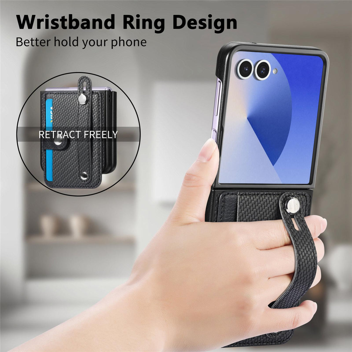 For Galaxy Z Flip8 5G Wristband Kickstand Card Wallet Back Cover Phone Case - Black - SYA002604104A