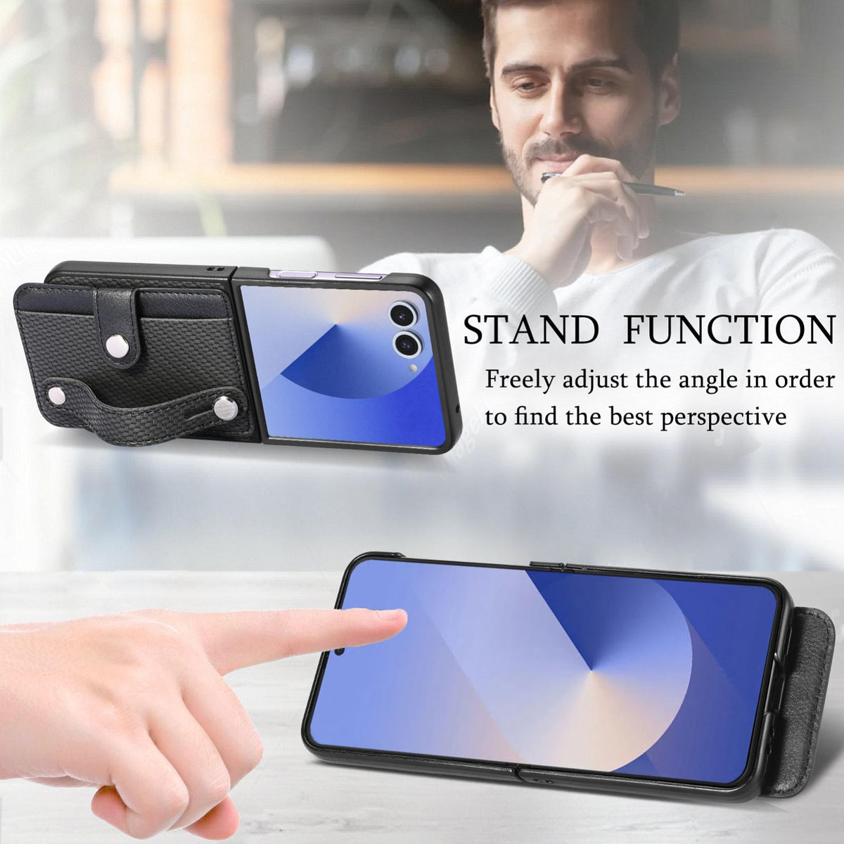 For Galaxy Z Flip8 5G Wristband Kickstand Card Wallet Back Cover Phone Case - Black - SYA002604104A