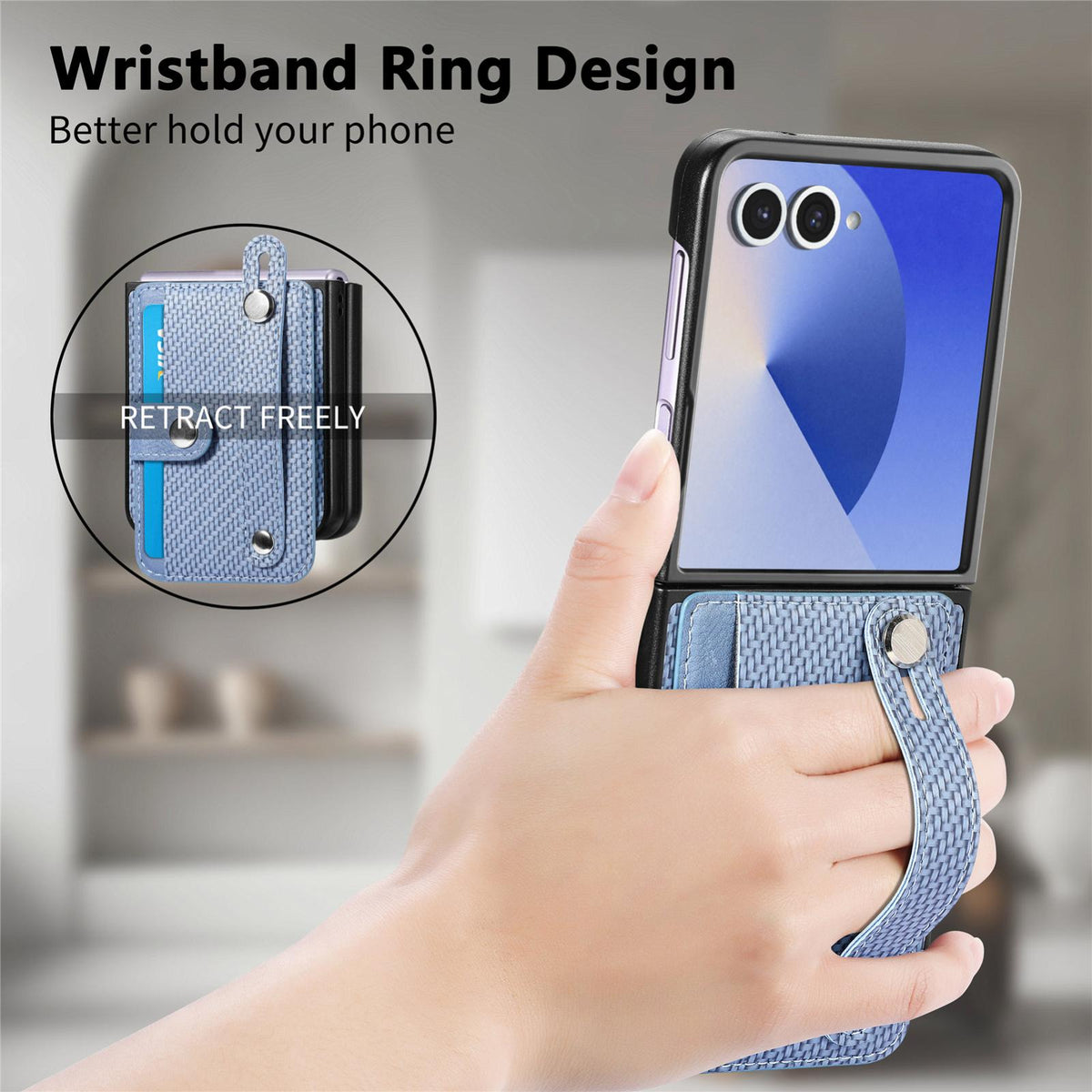 For Galaxy Z Flip8 5G Wristband Kickstand Card Wallet Back Cover Phone Case - Blue - SYA002604104B