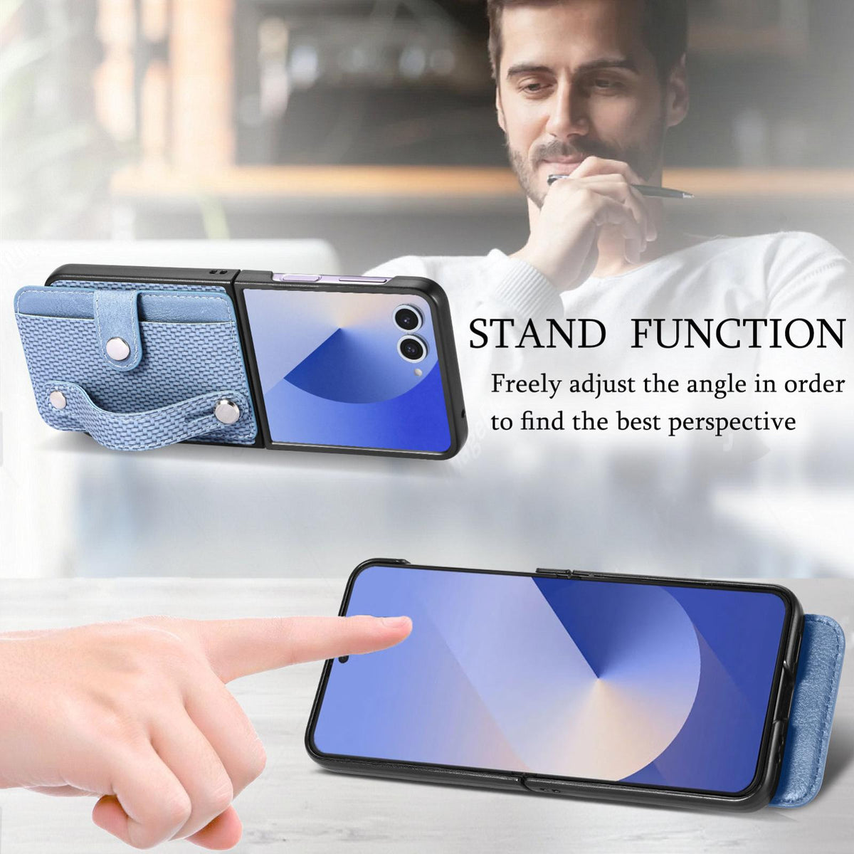 For Galaxy Z Flip8 5G Wristband Kickstand Card Wallet Back Cover Phone Case - Blue - SYA002604104B
