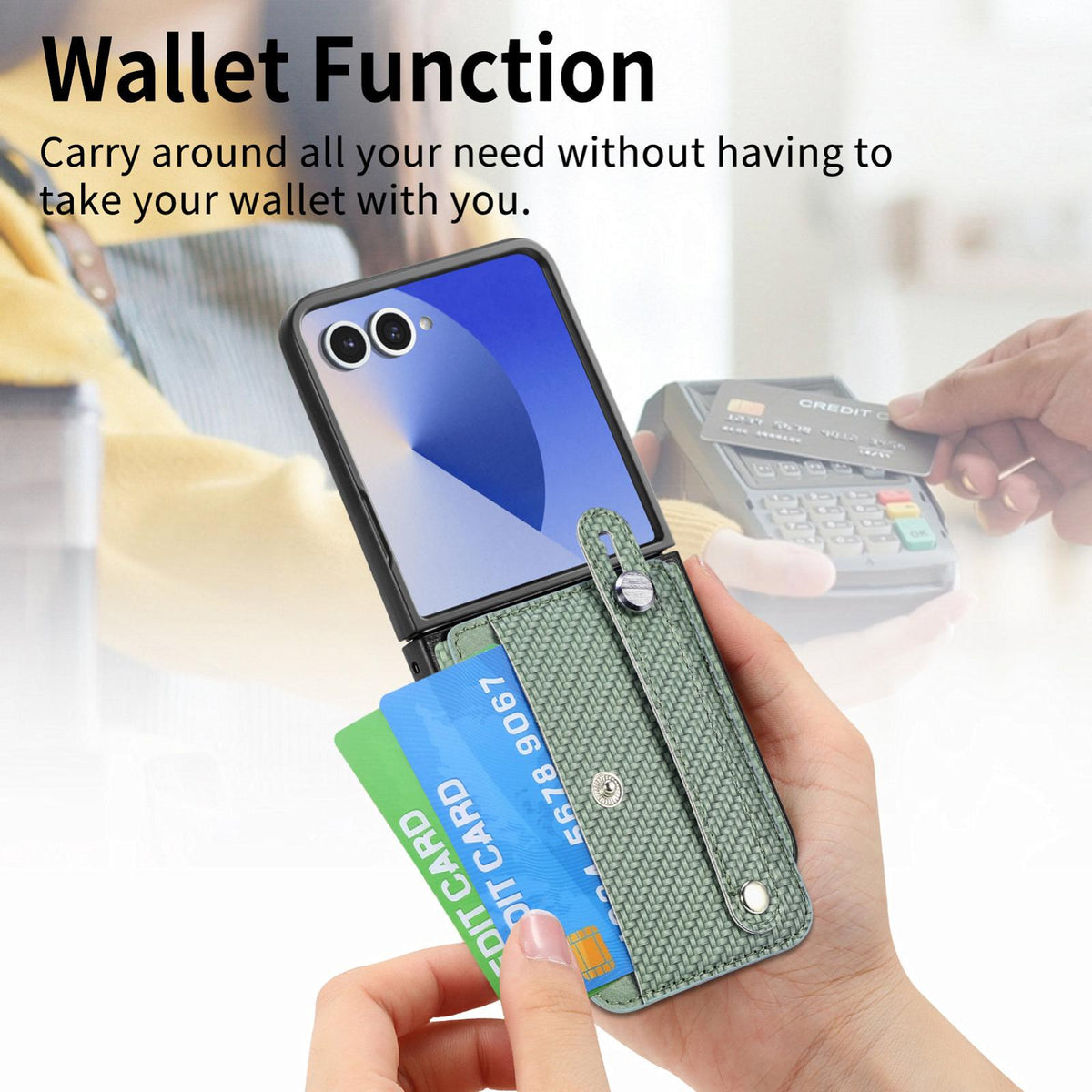 For Galaxy Z Flip8 5G Wristband Kickstand Card Wallet Back Cover Phone Case - Green - SYA002604104C