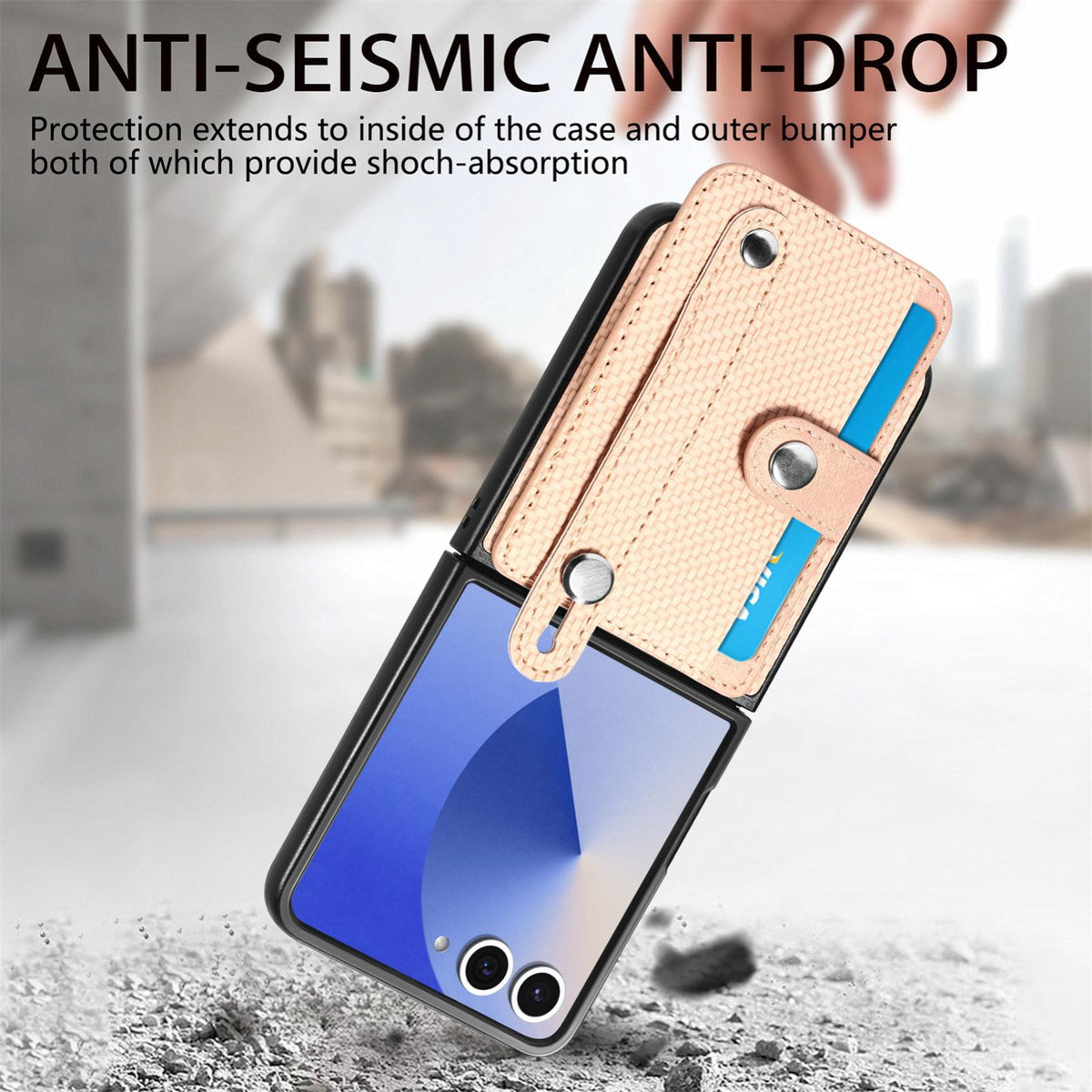For Galaxy Z Flip8 5G Wristband Kickstand Card Wallet Back Cover Phone Case - Khaki - SYA002604104D