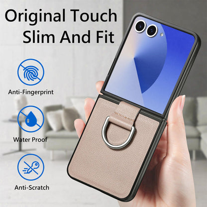 For Galaxy Z Flip8 5G Litchi Texture Leather Ring Phone Case - Gray - SYA002649603A