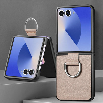 For Galaxy Z Flip8 5G Litchi Texture Leather Ring Phone Case - Gray - SYA002649603A