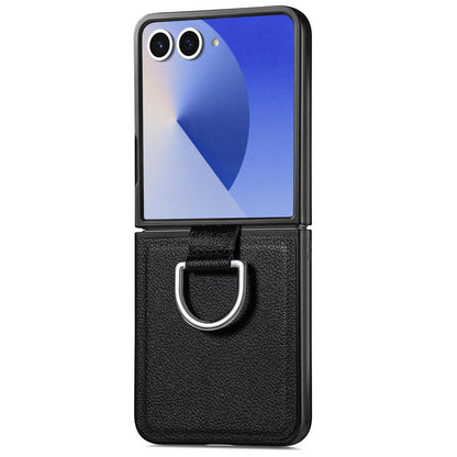 For Galaxy Z Flip8 5G Litchi Texture Leather Ring Phone Case - Black - SYA002649603B