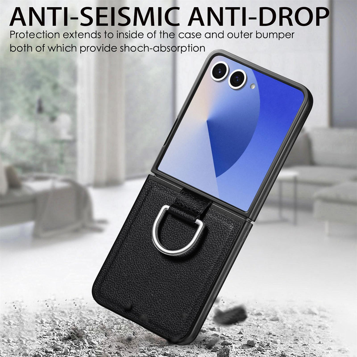 For Galaxy Z Flip8 5G Litchi Texture Leather Ring Phone Case - Black - SYA002649603B