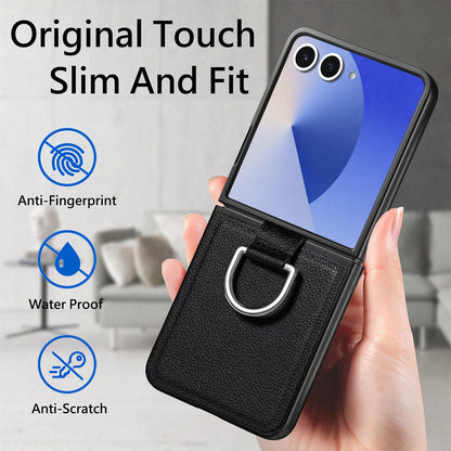 For Galaxy Z Flip8 5G Litchi Texture Leather Ring Phone Case - Black - SYA002649603B