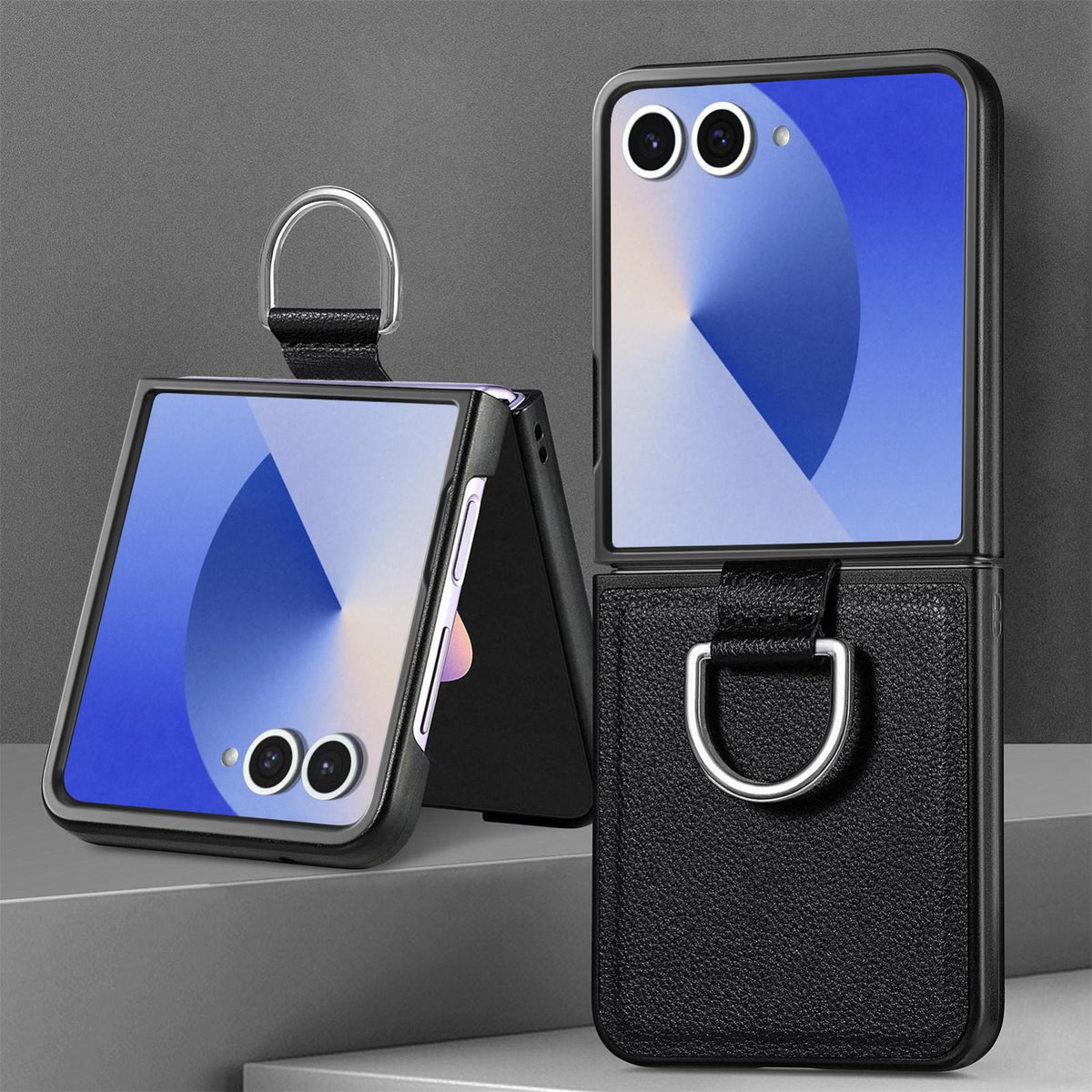 For Galaxy Z Flip8 5G Litchi Texture Leather Ring Phone Case - Black - SYA002649603B