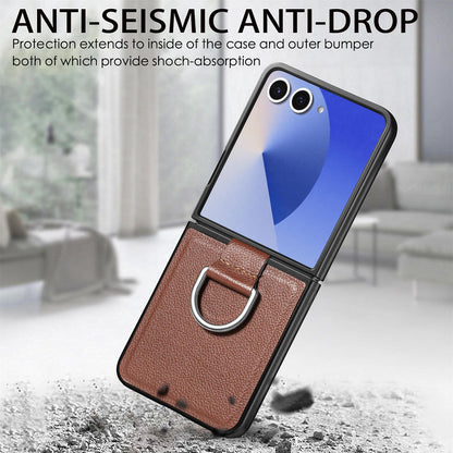 For Galaxy Z Flip8 5G Litchi Texture Leather Ring Phone Case - Brown - SYA002649603C