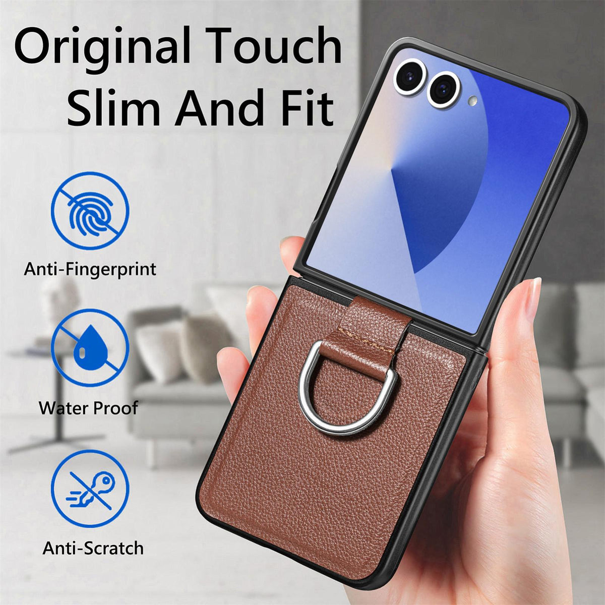 For Galaxy Z Flip8 5G Litchi Texture Leather Ring Phone Case - Brown - SYA002649603C