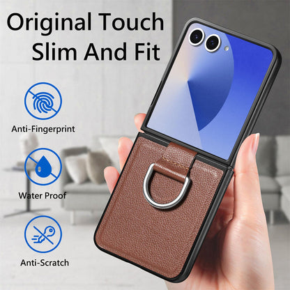 For Galaxy Z Flip8 5G Litchi Texture Leather Ring Phone Case - Brown - SYA002649603C