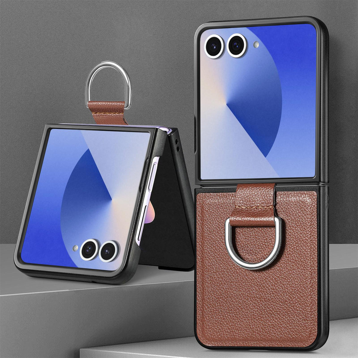 For Galaxy Z Flip8 5G Litchi Texture Leather Ring Phone Case - Brown - SYA002649603C