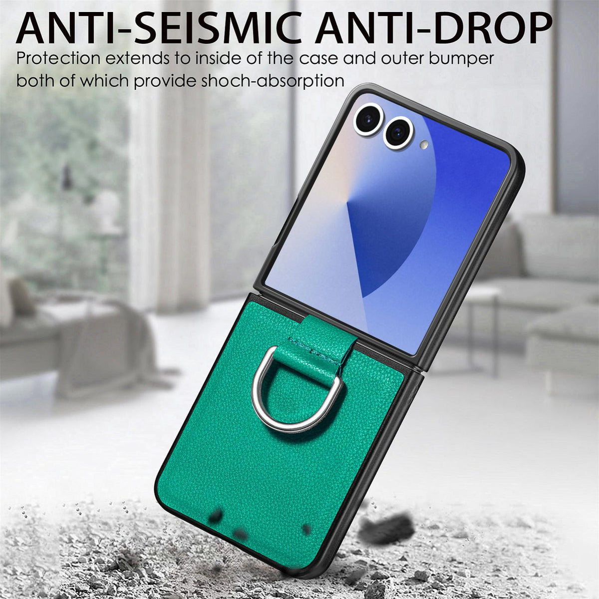For Galaxy Z Flip8 5G Litchi Texture Leather Ring Phone Case - Green - SYA002649603D