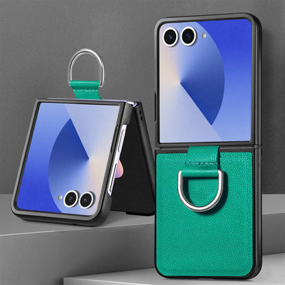 For Galaxy Z Flip8 5G Litchi Texture Leather Ring Phone Case - Green - SYA002649603D