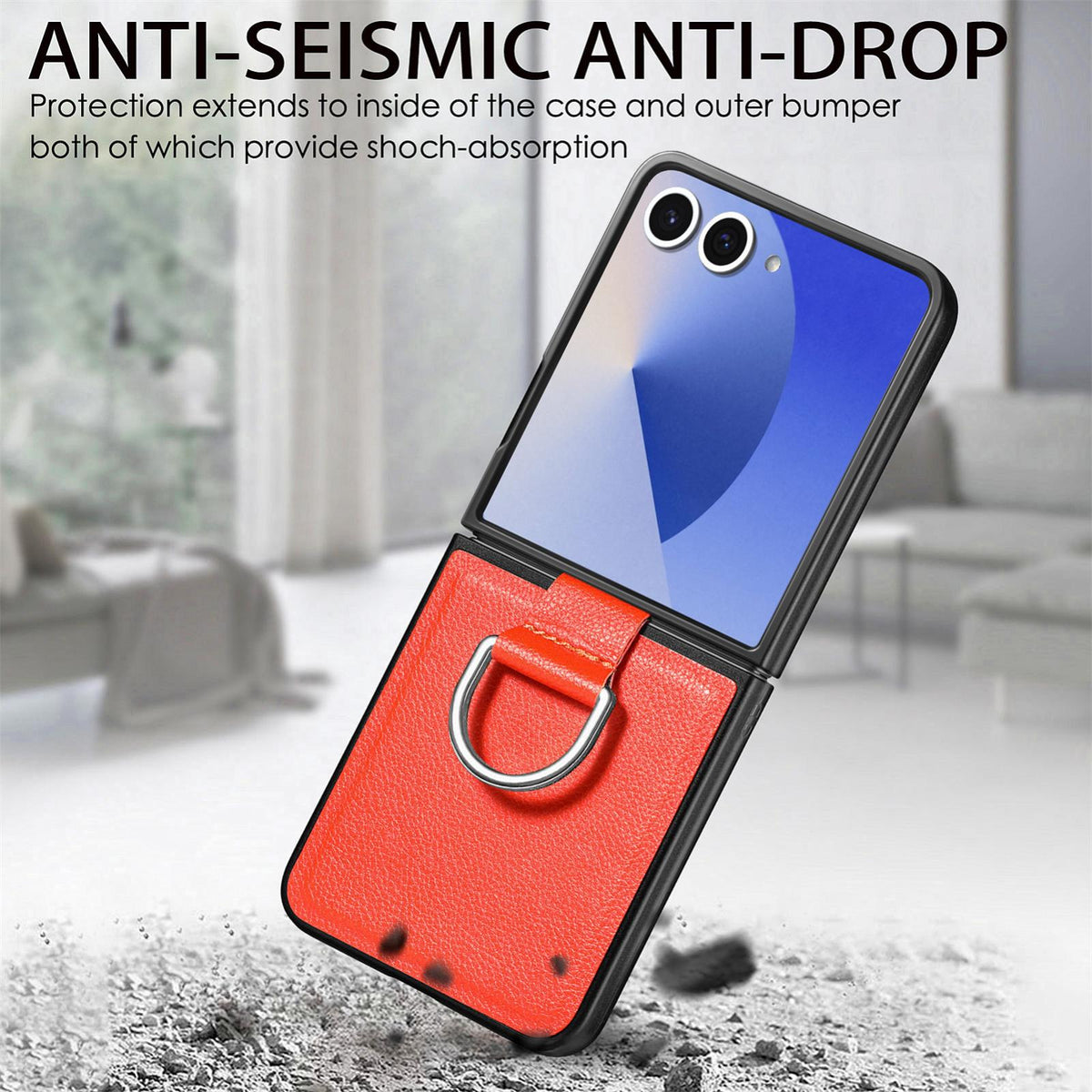 For Galaxy Z Flip8 5G Litchi Texture Leather Ring Phone Case - Orange - SYA002649603E