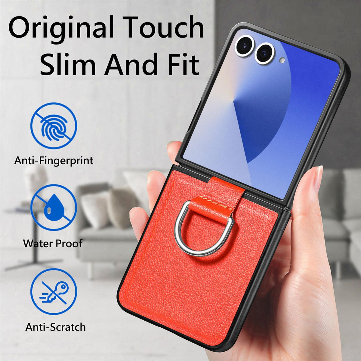 For Galaxy Z Flip8 5G Litchi Texture Leather Ring Phone Case - Orange - SYA002649603E