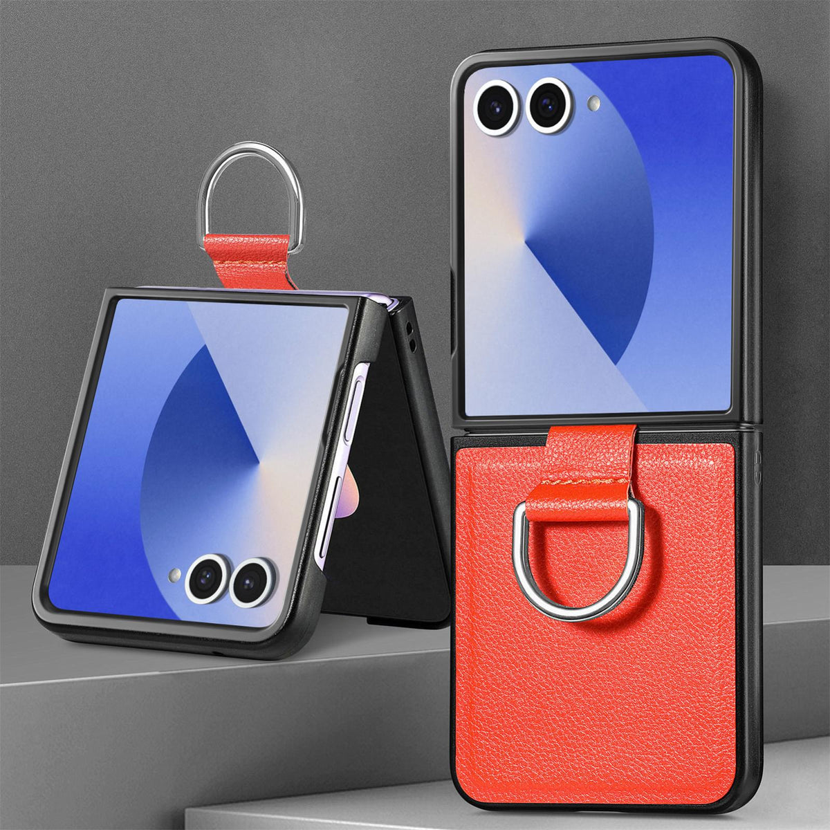 For Galaxy Z Flip8 5G Litchi Texture Leather Ring Phone Case - Orange - SYA002649603E