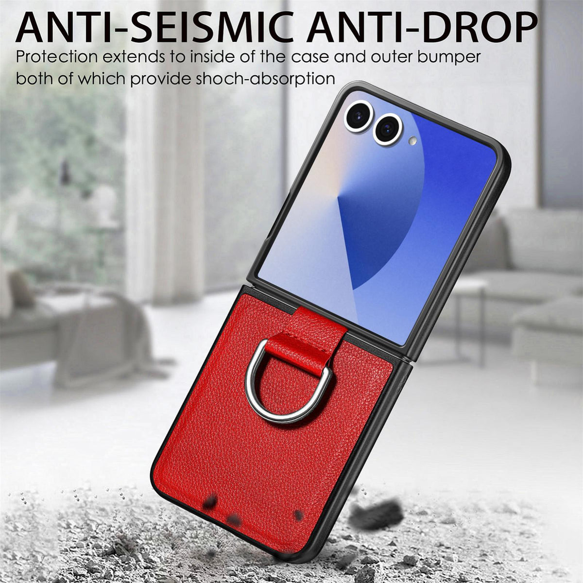 For Galaxy Z Flip8 5G Litchi Texture Leather Ring Phone Case - Red - SYA002649603G