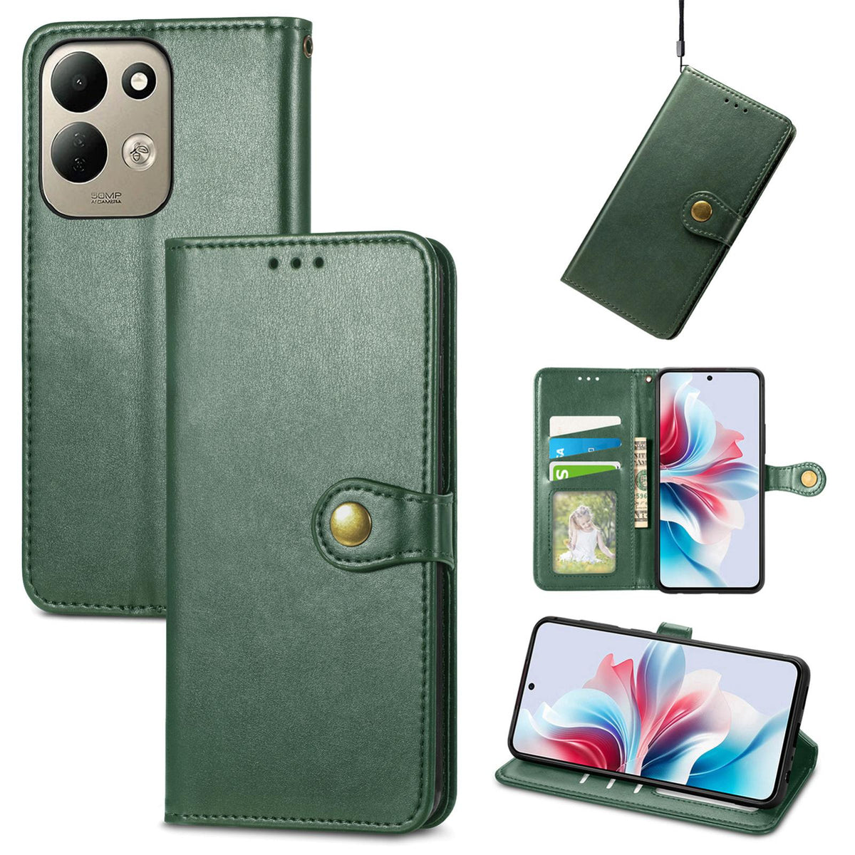 For Xiaomi Poco C95 Pro Retro Solid Color Buckle Leather Phone Case - Green - SYA002735303B