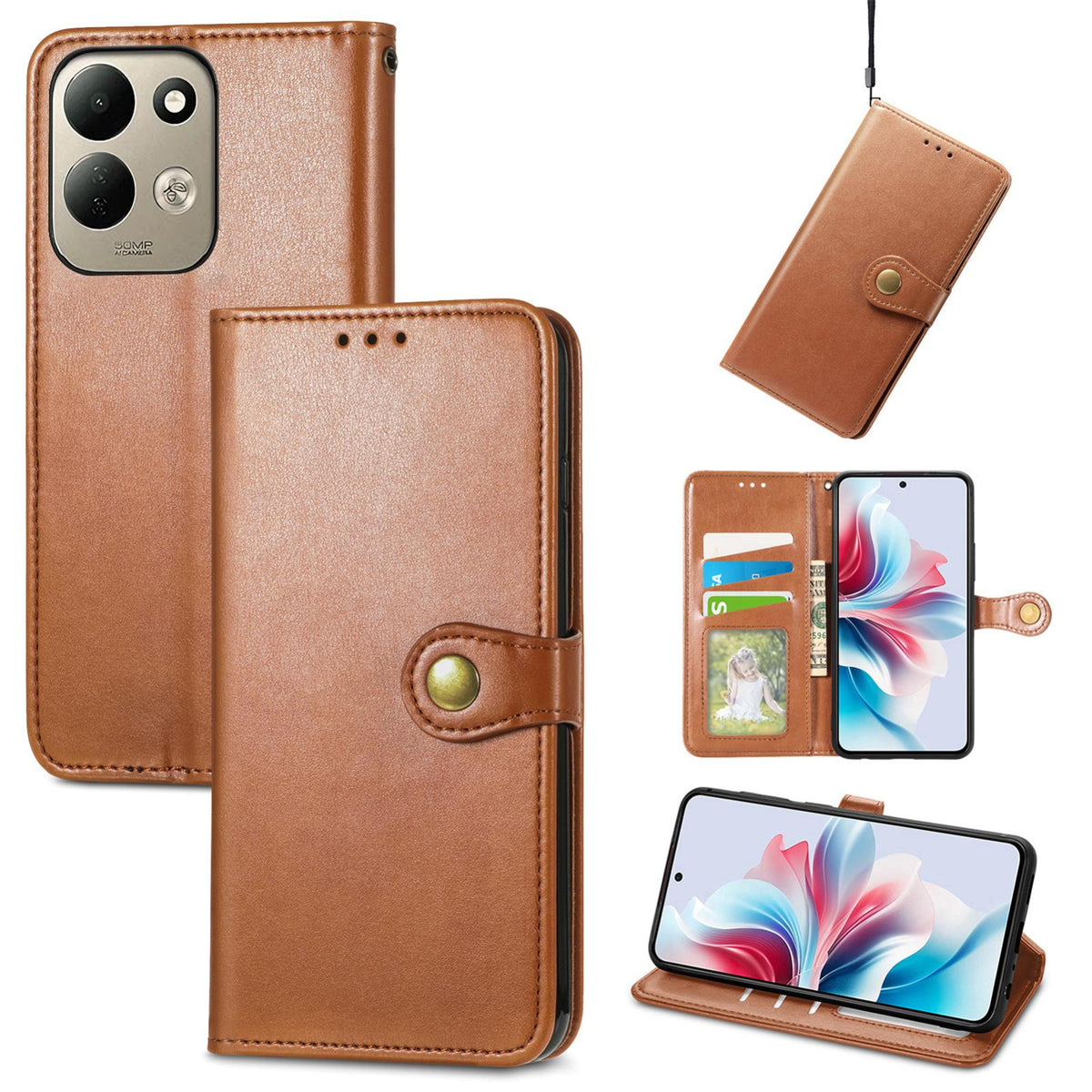 For Xiaomi Poco C95 Pro Retro Solid Color Buckle Leather Phone Case - Brown - SYA002735303C