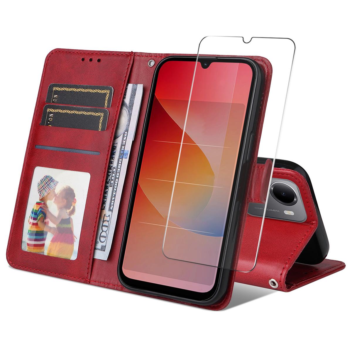For Redmi 15a 5G ENKAY Card Wallet Calf Texture Leather Phone Case with Screen Film(Red)