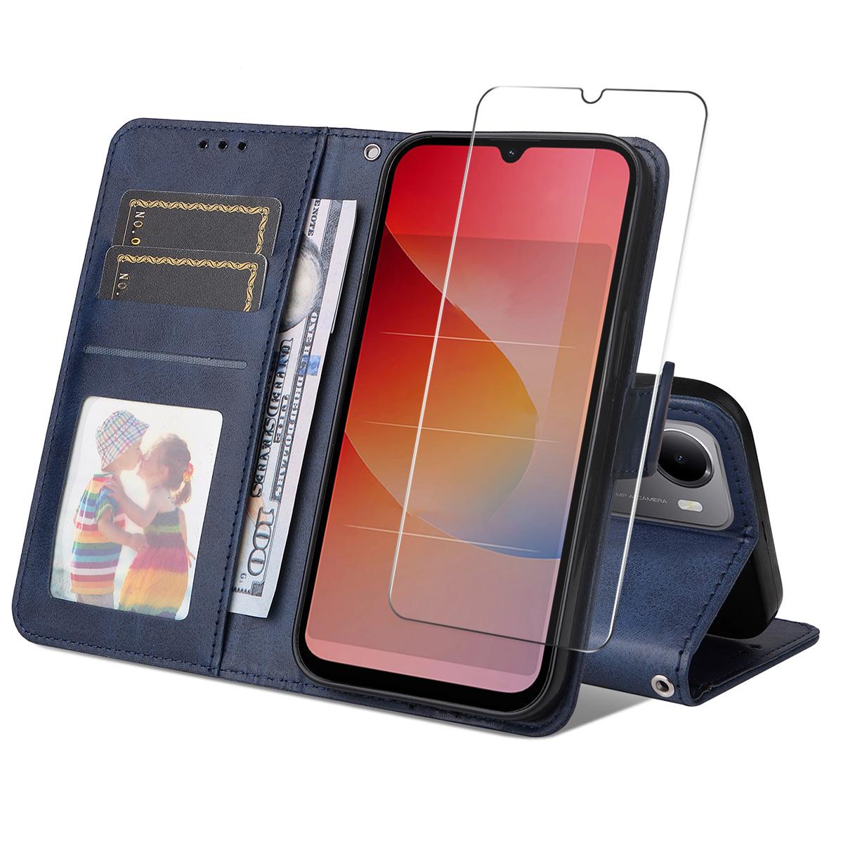 For Redmi 15a 5G ENKAY Card Wallet Calf Texture Leather Phone Case with Screen Film(Blue)