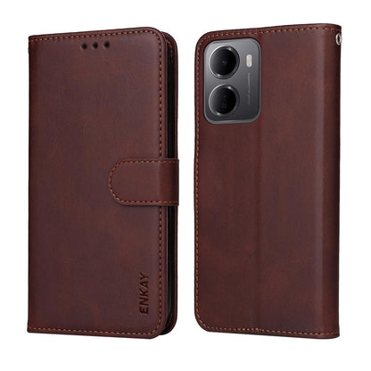 For Redmi 15a 5G ENKAY Card Wallet Calf Texture Leather Phone Case with Screen Film(Brown)